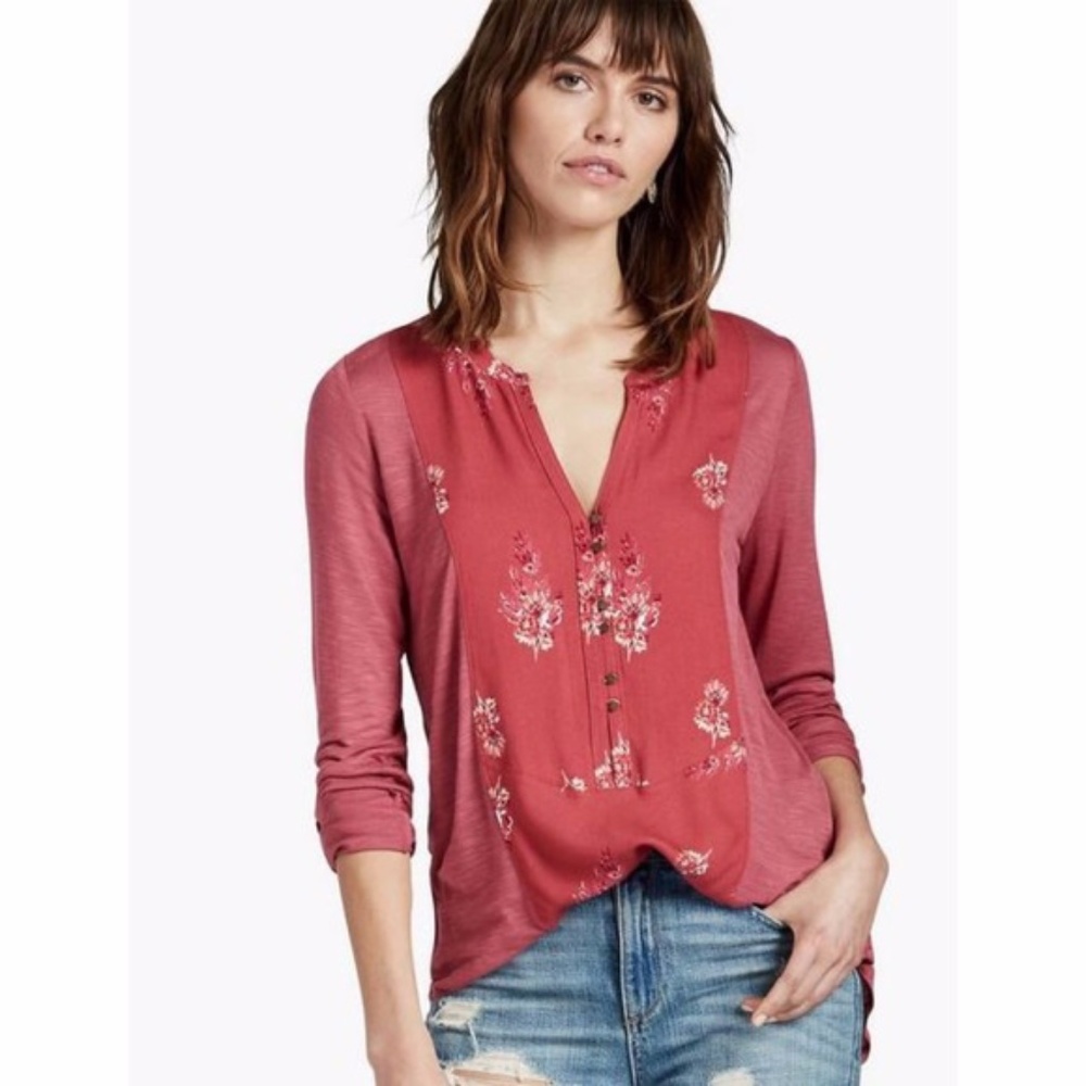 Lucky Brand Printed Woven Mix Henley Blouse Top XL